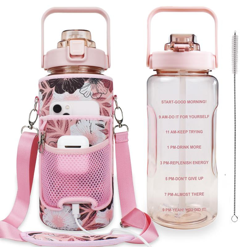 Half Gallon Water Bottle with Sleeve, 64OZ Motivational Water Bottle with Straw & Time Marker, BPA Free Leakproof Gym Water Bottle for Sport Workout