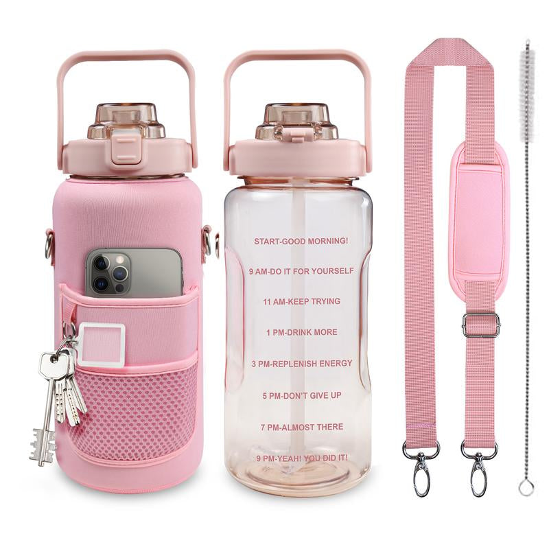 Half Gallon Water Bottle with Sleeve, 64OZ Motivational Water Bottle with Straw & Time Marker, BPA Free Leakproof Gym Water Bottle for Sport Workout
