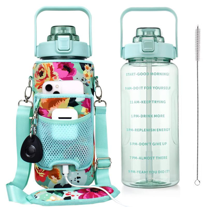 Half Gallon Water Bottle with Sleeve, 64OZ Motivational Water Bottle with Straw & Time Marker, BPA Free Leakproof Gym Water Bottle for Sport Workout