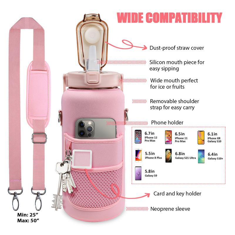 Half Gallon Water Bottle with Sleeve, 64OZ Motivational Water Bottle with Straw & Time Marker, BPA Free Leakproof Gym Water Bottle for Sport Workout