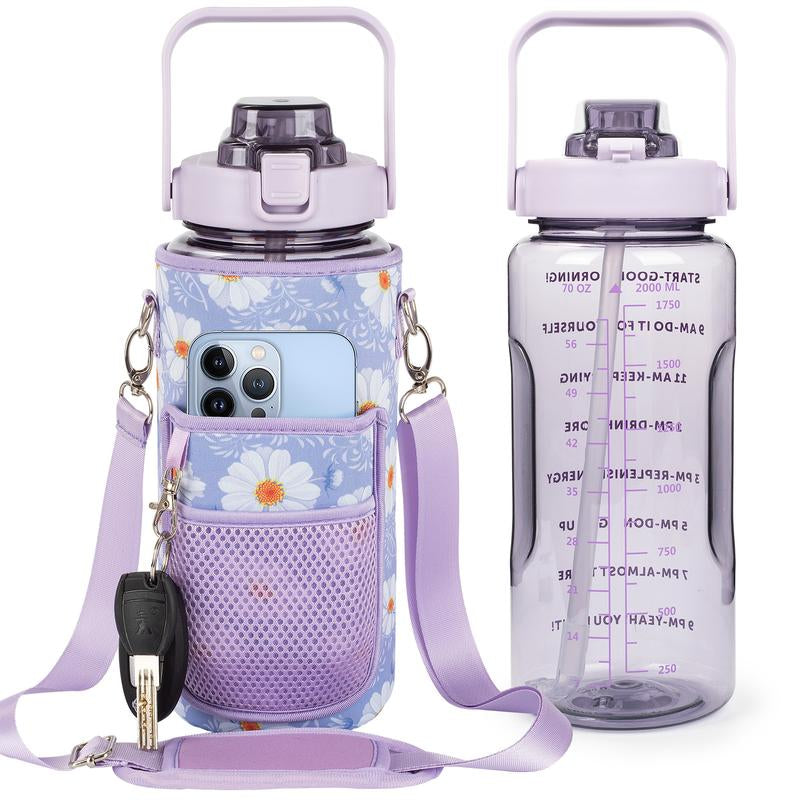 Half Gallon Water Bottle with Sleeve, 64OZ Motivational Water Bottle with Straw & Time Marker, BPA Free Leakproof Gym Water Bottle for Sport Workout