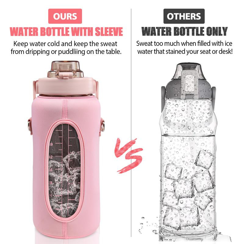 Half Gallon Water Bottle with Sleeve, 64OZ Motivational Water Bottle with Straw & Time Marker, BPA Free Leakproof Gym Water Bottle for Sport Workout