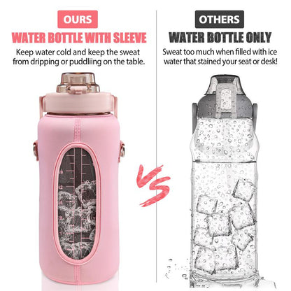 Half Gallon Water Bottle with Sleeve, 64OZ Motivational Water Bottle with Straw & Time Marker, BPA Free Leakproof Gym Water Bottle for Sport Workout