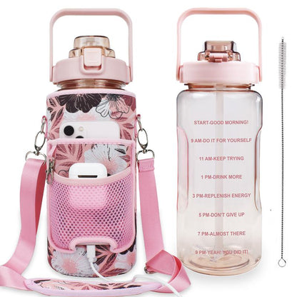 Half Gallon Water Bottle with Sleeve, 64OZ Motivational Water Bottle with Straw & Time Marker, BPA Free Leakproof Gym Water Bottle for Sport Workout