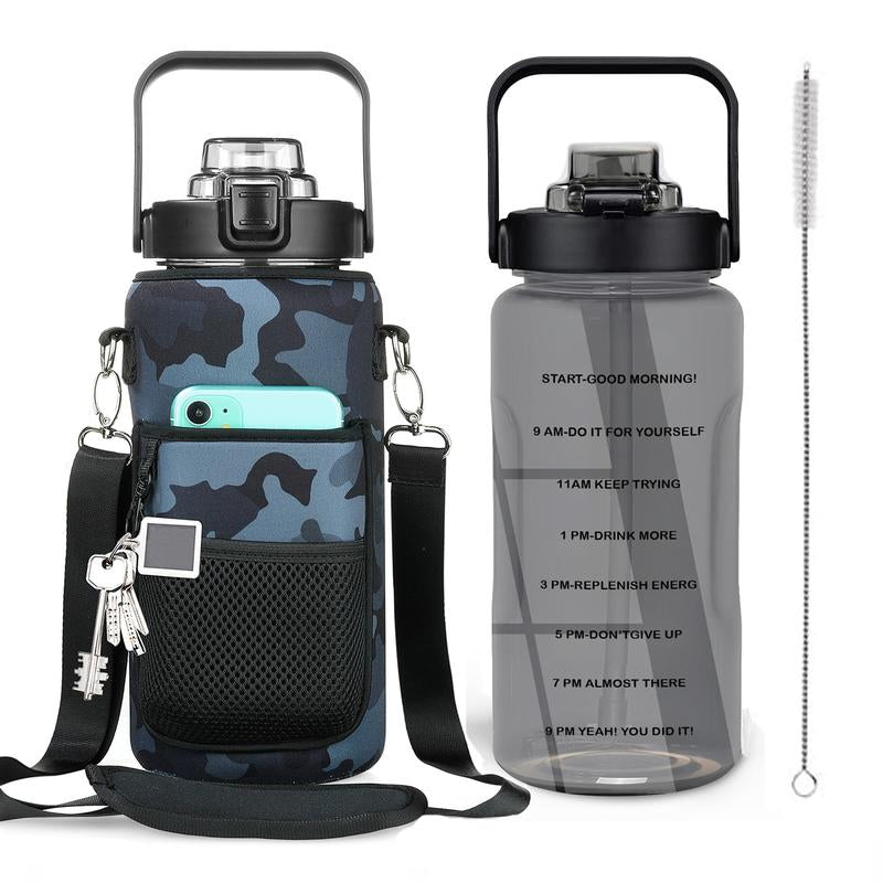 Half Gallon Water Bottle with Sleeve, 64OZ Motivational Water Bottle with Straw & Time Marker, BPA Free Leakproof Gym Water Bottle for Sport Workout