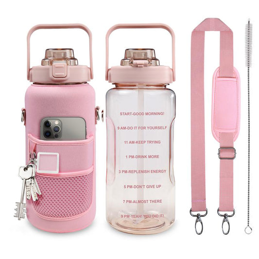 Half Gallon Water Bottle with Sleeve, 64OZ Motivational Water Bottle with Straw & Time Marker, BPA Free Leakproof Gym Water Bottle for Sport Workout