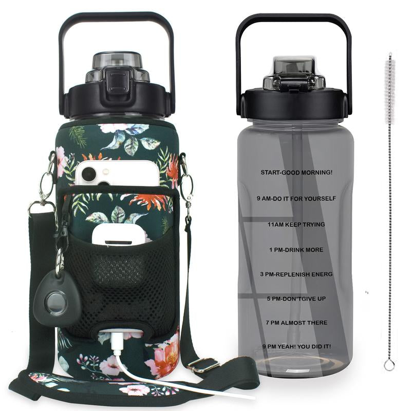Half Gallon Water Bottle with Sleeve, 64OZ Motivational Water Bottle with Straw & Time Marker, BPA Free Leakproof Gym Water Bottle for Sport Workout