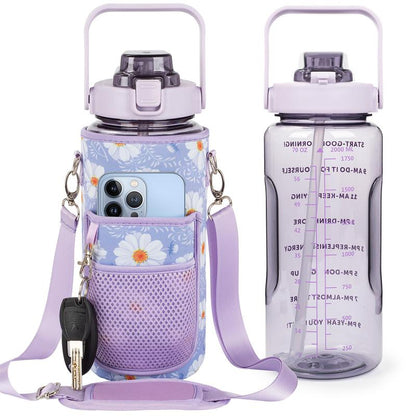 Half Gallon Water Bottle with Sleeve, 64OZ Motivational Water Bottle with Straw & Time Marker, BPA Free Leakproof Gym Water Bottle for Sport Workout