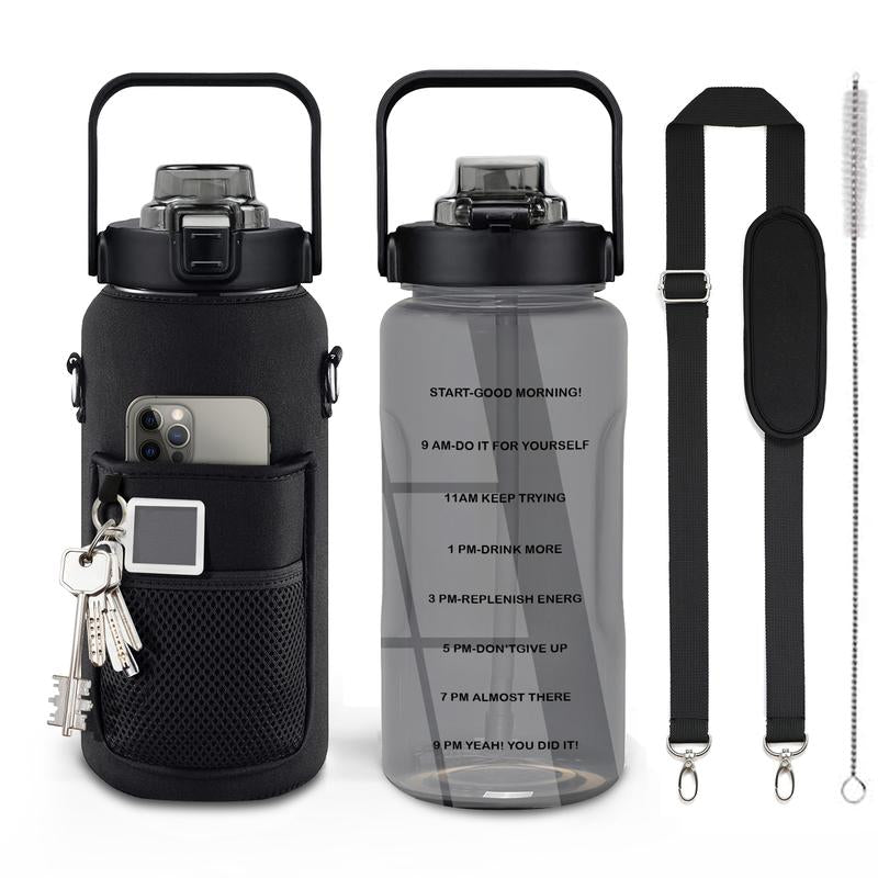 Half Gallon Water Bottle with Sleeve, 64OZ Motivational Water Bottle with Straw & Time Marker, BPA Free Leakproof Gym Water Bottle for Sport Workout