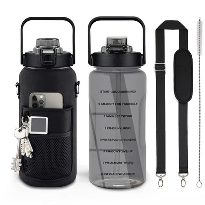 Half Gallon Water Bottle with Sleeve, 64OZ Motivational Water Bottle with Straw & Time Marker, BPA Free Leakproof Gym Water Bottle for Sport Workout